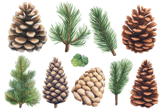 Collection of pine cones and evergreen branches isolated on transparent background. Set of pine cones isolated on white background.
