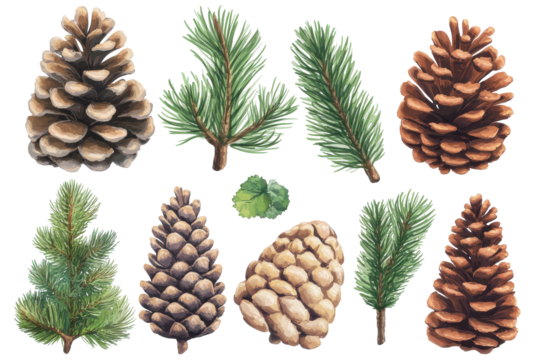 Collection of pine cones and evergreen branches isolated on transparent background. Set of pine cones isolated on white background.