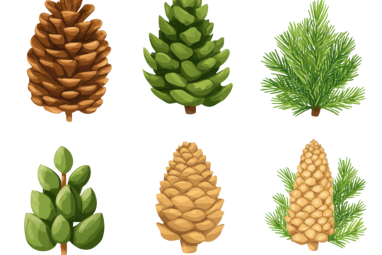 Collection of pine cones and evergreen branches isolated on transparent background. Set of pine cones isolated on white background.