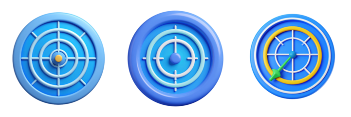 3D Plastic Style Radar Target Icons In Shades Of Blue With Yellow And Green Accents Against A Transparent Background Representing Directional Guidance