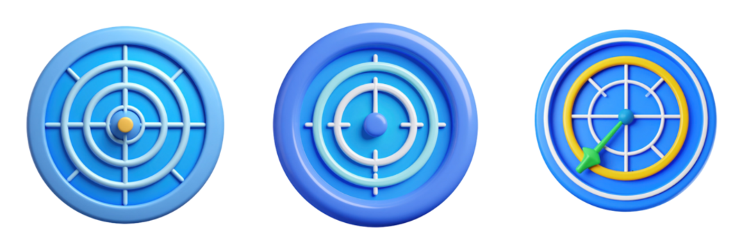 3D Plastic Style Radar Target Icons In Shades Of Blue With Yellow And Green Accents Against A Transparent Background Representing Directional Guidance