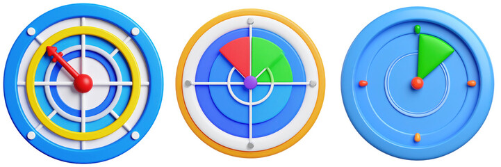 3D Plastic Style Radar Icons On Transparent Background Illustrating Navigation And Data Visualization In Blue Yellow And Red Colors
