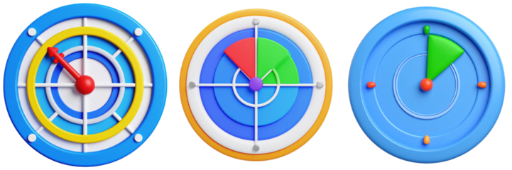 3D Plastic Style Radar Icons On Transparent Background Illustrating Navigation And Data Visualization In Blue Yellow And Red Colors