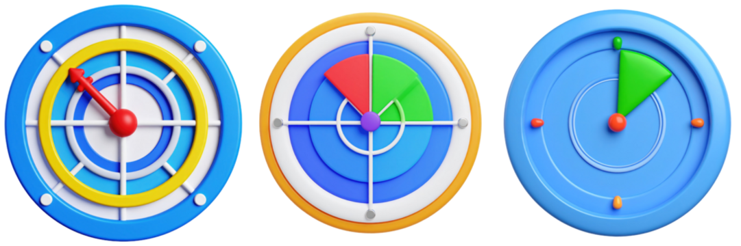 3D Plastic Style Radar Icons On Transparent Background Illustrating Navigation And Data Visualization In Blue Yellow And Red Colors - Powered by Adobe
