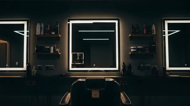 A dimly lit barbershop interior showcasing mirrors, chairs, and grooming products.