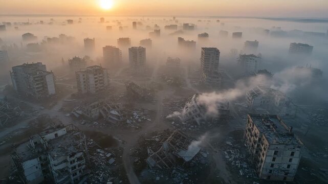 Cinematic aerial view of a destroyed city with collapsed buildings and smoldering ruins, 4K seamless loop, foggy atmosphere at dawn