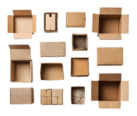 Assorted cardboard boxes of various sizes and openings, arranged in a grid pattern.  Open and closed boxes with different contents