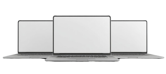 Three light gray laptops, side-by-side, display blank screens