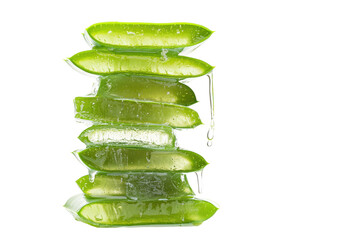 Stack of fresh aloe vera slices isolated on transparent background. Stack of aloe vera sliced with gel dripping isolated on white background.