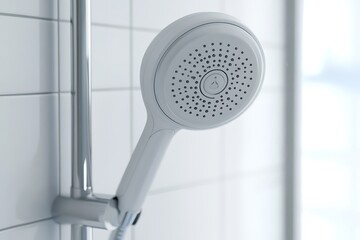 Showerhead Modern white showerhead mounted on a bar in a tiled bathroom against a blurred window