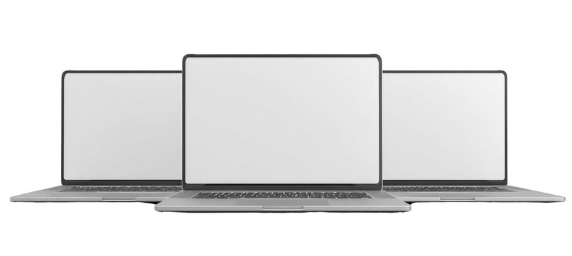 Three light gray laptops, side-by-side, display blank screens