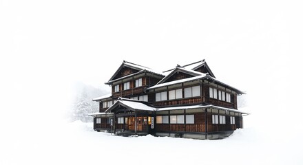 Serene snow-covered Asian house glows softly under muted winter light. AI Generated