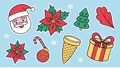 This Christmas set features a festive vector illustration of a cartoon snowman with a Santa hat and a gift box ornament