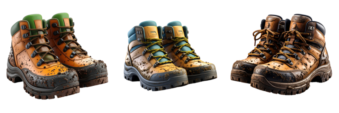 3D Plastic Style Muddy Hiking Boots Isolated On Transparent Background with Brown Leather and Green Accents - Powered by Adobe