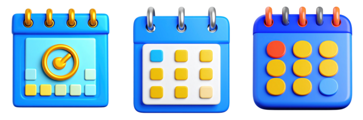 3D Plastic Style Monthly Calendar Icons With Blue And Gold Accents Representing Schedules And Timelines Against Transparent Background