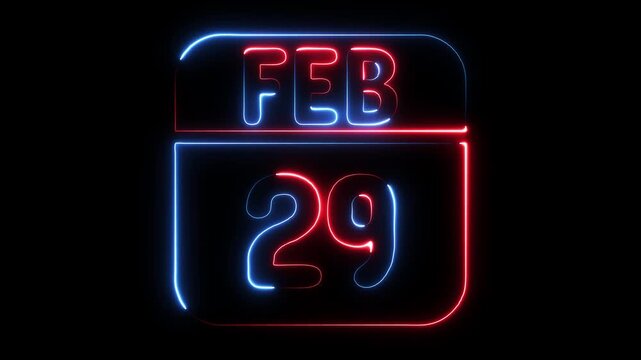 February twenty ninth neon calendar date glowing abstract digital display vibrant blue red light on black background
