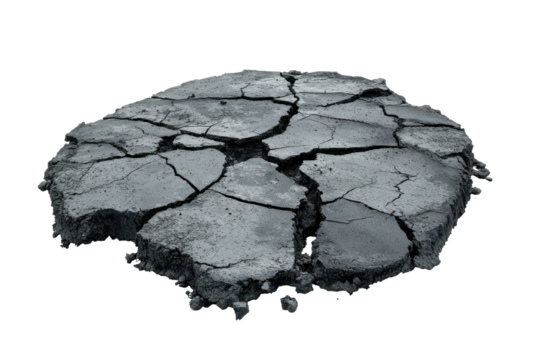 Cracked earth texture isolated on transparent background. The texture of cracked old asphalt in need of repair isolated on white background.
