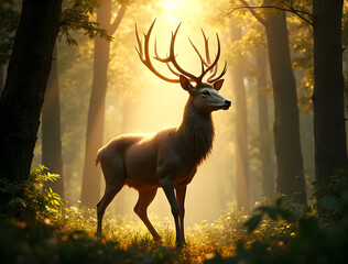 Graceful Deer in Sunlit Forest Surrounded by Vibrant Green Nature

