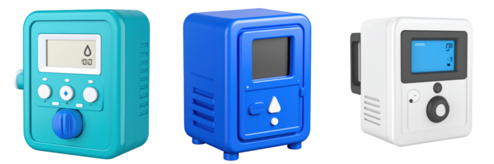 3D Plastic Style Leak Detector Icons in Aqua Blue and White with Digital Displays and Control Panels on Transparent Background