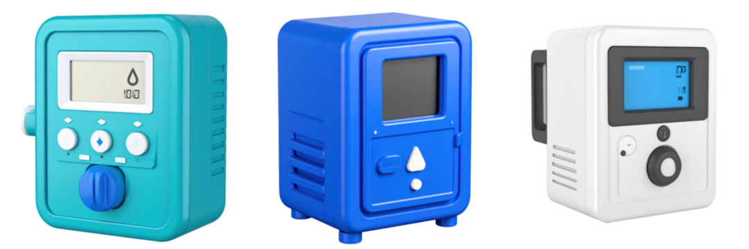 3D Plastic Style Leak Detector Icons in Aqua Blue and White with Digital Displays and Control Panels on Transparent Background - Powered by Adobe