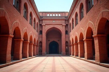 Fototapeta premium Architectural courtyard with red brick arches and central arched entrance.