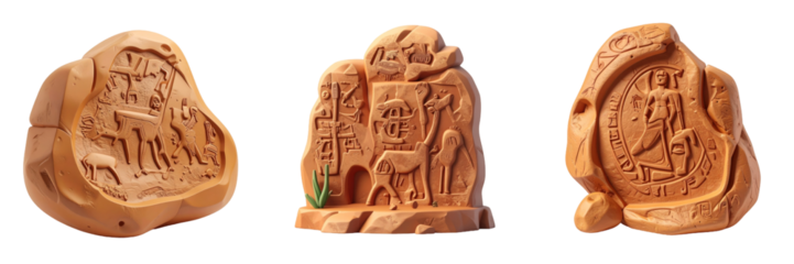 3D Plastic Style Landmarks Of Petroglyph Rock Carvings Against Transparent Background Depicting Ancient Stone Art Forms In Brown Tones And Stylized Shapes