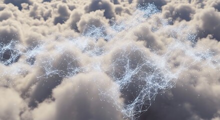 An ethereal digital network of interconnected lines and dots floats amidst soft, fluffy clouds, symbolizing cloud computing, global data, AI, and futuristic technology.