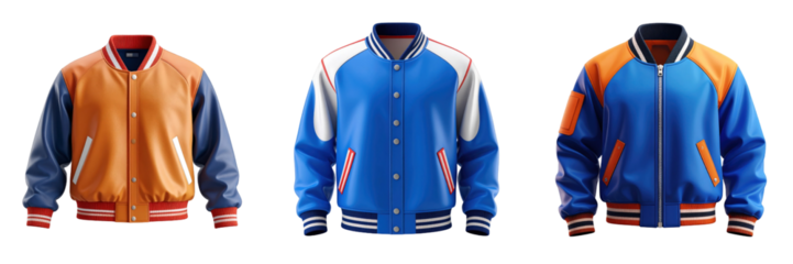3D Plastic Style Isolated Varsity Jackets Trio with Orange Blue and White Accents Showcasing Diverse Color Options for Fashionable Apparel