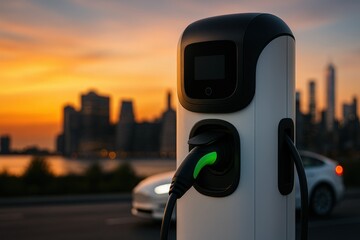 City charging network. Electric vehicle charging station at sunset with a city skyline in the background.