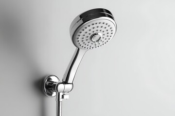 Chrome shower head attached to a white wall. Sleek fixture with adjustable neck & spray nozzle
