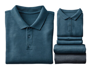 Folded teal polo shirts,?flat lay
