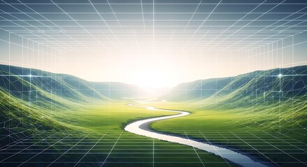 A vibrant digital landscape featuring a winding river through lush green valleys, overlaid with a futuristic wireframe grid. Blending nature and technology seamlessly.