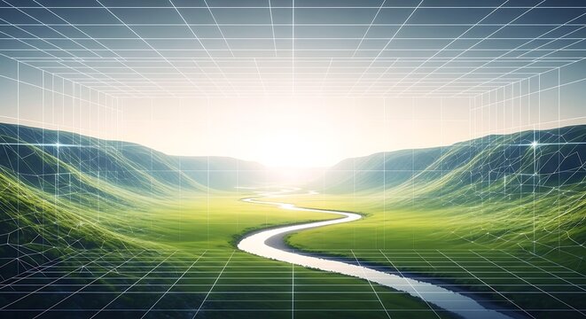A vibrant digital landscape featuring a winding river through lush green valleys, overlaid with a futuristic wireframe grid. Blending nature and technology seamlessly.