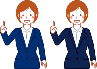 ネイビースーツ、ショートヘアのNo.1ポーズをする若い女性