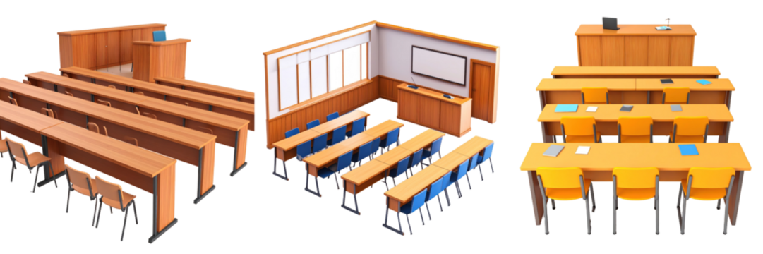 3D Plastic Style Illustration Of Lecture Hall Interior Featuring Wooden Desks Blue Chairs And White Background For Educational Concept