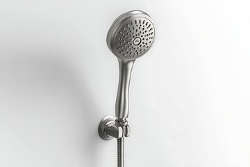 Handheld showerhead with a metal finish mounted to a white wall with hose