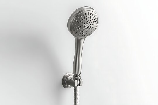 Handheld showerhead with a metal finish mounted to a white wall with hose