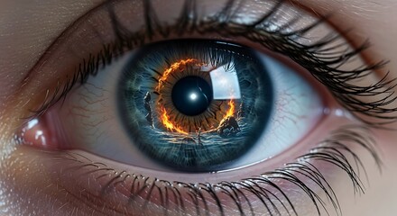 Fototapeta premium Mesmerizing macro shot of a human eye featuring a surreal miniature world within its iris. Fire and water elements encircle the pupil, creating a stunning cosmic landscape.