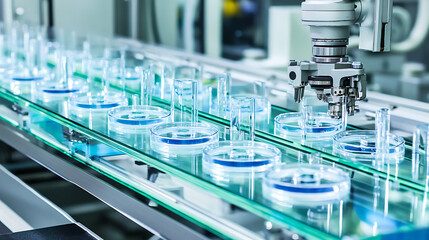 Automated Robotic Arm Handling Petri Dishes on a Conveyer Belt in a Laboratory Setting