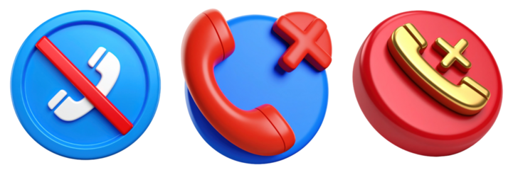 3D Plastic Style Icons of Missed Call Elements with Red and Gold Details on Blue and Red Circles Isolated