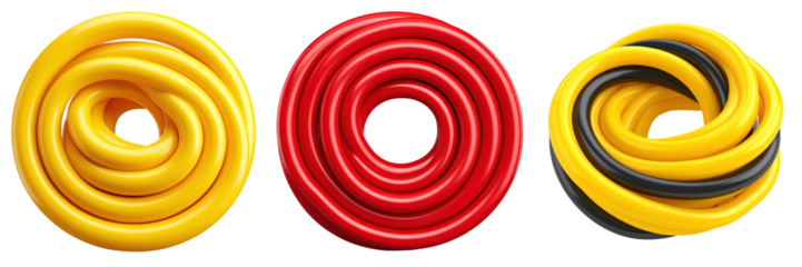 3D Plastic Style Icons of Swirled Spiral Twist in Yellow Red and Black Colors on Transparent Background