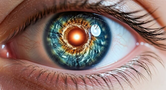 A mesmerizing close-up of a human eye with a glowing, swirling, and futuristic AI-powered iris, representing advanced technology and cybernetic vision.