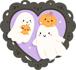 Cute Ghost Frame Vector Illustration with Pumpkins and Heart Shape