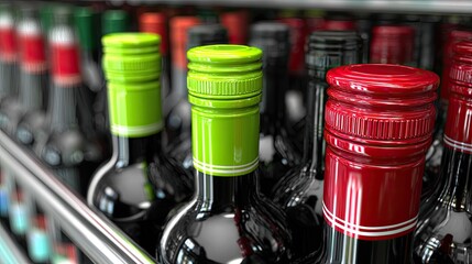 Close-up of wine bottles on a shelf, various colors, metallic rack