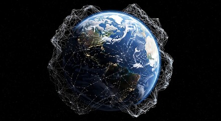 A stunning 3D render of Earth from space, enveloped in a radiant global network grid. Symbolizes interconnectedness, technology, and worldwide communication.