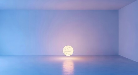 Minimalist 3D render of an empty room with soft blue and purple walls. A glowing basketball illuminates the space with warm light, creating an abstract, serene ambiance.