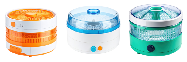 3D Plastic Style Icons of Dehydrators in Various Colors with Transparent Elements on White Background