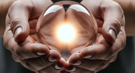 Close-up of hands cupping a clear crystal ball glowing with bright light, symbolizing future, magic, potential, and discovery. Ideal for themes of foresight, innovation, and hope.