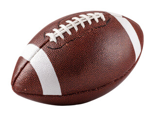Close-up of a brown leather American football,  stitched seams visible,  white stripes around the ball