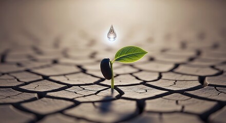 Captivating image of a fresh green sprout breaking through dry, cracked earth, with a single luminous water droplet suspended above, representing hope, growth, and environmental sustainability.